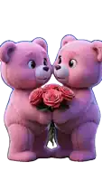 two pink teddy bears holding a bouquet of roses looking at each other