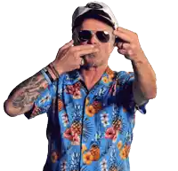 a man wearing a blue shirt with pineapples and flowers