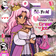 a pixel art of a girl with pink hair and the words yeah read it great job