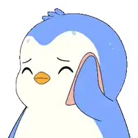 a blue and white penguin is wiping its face with a pink towel
