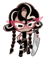 a cartoon character with glasses is holding a knife with the word love on it .