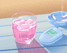 a pixel art of a cell phone a drink and an ashtray with pink cigarettes