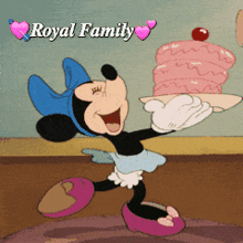a cartoon of minnie mouse holding a tray with a cake on it