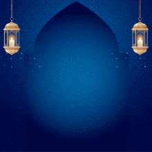 a blue background with two lanterns and the words " eid mobarak "