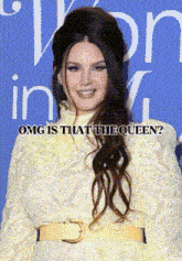 a woman in a yellow dress with the words " omg is that the queen " on the bottom