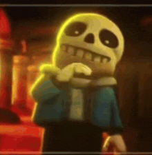 a cartoon skeleton is standing in a dark room with his mouth open and his teeth showing .