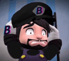 a cartoon character with a beard and a hat with the letter b on it