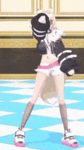 a cartoon girl is dancing on a checkered floor in a room .