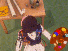 a cartoon character is holding a palette of paint in front of a table .