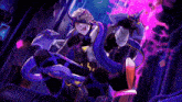 a cartoon character with horns is holding a sword in a dark room
