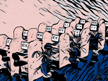 a cartoon drawing of a row of people with letters on their fingers