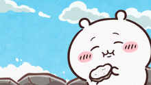 a cartoon drawing of a bear with a blue sky and clouds behind it