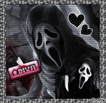 a black and white photo of scream with a diva sign