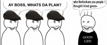 a cartoon of a group of people talking to each other with one wearing a black shirt that says goon life
