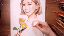 a drawing of a woman holding a bouquet of roses
