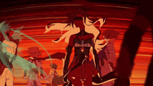 a group of anime characters are standing in a circle and one of them has a sword