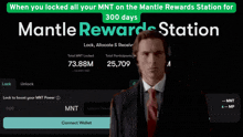 a man in a suit and tie is standing in front of a sign that says mantle reward station