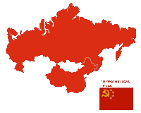 a red map with a hypothetical flag in the corner