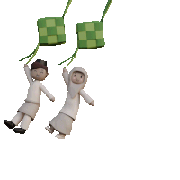 a boy and a girl are flying in the air with green squares hanging from their hands