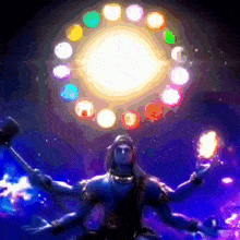 a painting of a man with many hands holding a hammer and a light