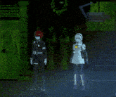 a man and a woman are standing in a circle with glowing lights around them