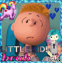 a picture of a little kid with a unicorn and hearts