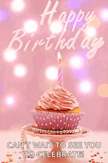 a birthday card with a pink cupcake with a candle and the words happy birthday can 't wait to see you to celebrate