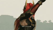 a video game character with red hair and horns says right is on our side