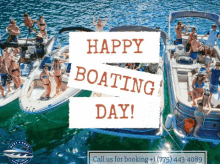 a group of people on boats with the words happy boating day on the bottom