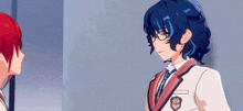 two anime characters are standing next to each other and one has blue hair