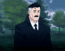 a man with a mustache in a suit and tie stands in the rain
