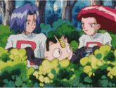 a group of cartoon characters with one wearing a shirt that says r