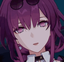 a close up of a purple haired anime girl wearing sunglasses and a choker .