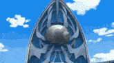 a blue and silver shield with a ball in the middle