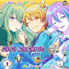 a good morning greeting card with anime characters and a box of capri sun
