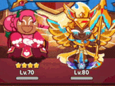 two cartoon characters are standing next to each other and one has lv.70 and the other has lv80