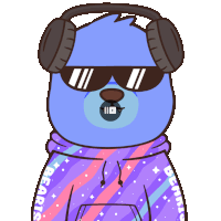 a blue bear wearing headphones and a purple hoodie with the word bears on the sleeve