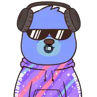 a blue bear wearing headphones and a purple hoodie with the word bears on the sleeve