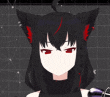 a girl with black hair and red ears is smiling