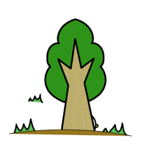 a cartoon drawing of a bear peeking out from behind a tree with korean writing on it