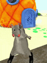a cartoon mouse is standing in front of a blue door