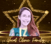 a woman is smiling in front of a star with the words vocal clinic family written below her