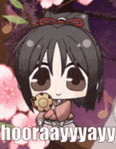 a cartoon of a girl holding a cookie with the words hooraay yayy