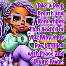 a cartoon girl with purple braids is sitting on a bench with a cup of coffee .