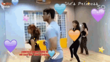 a group of people are dancing in a room with the words sid 's princess on the bottom