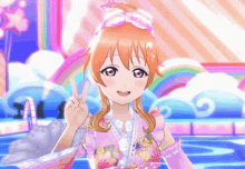 a girl giving a peace sign in front of a pool