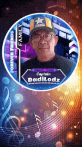 a picture of captain dadi lodz is surrounded by musical notes