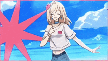 a girl in a white shirt is dancing in front of a pink star .
