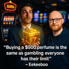 a man holding a box with a question mark on it in front of a slots machine