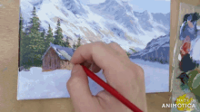 a person is painting a snowy mountain scene on a canvas with made in animatica written on the bottom
